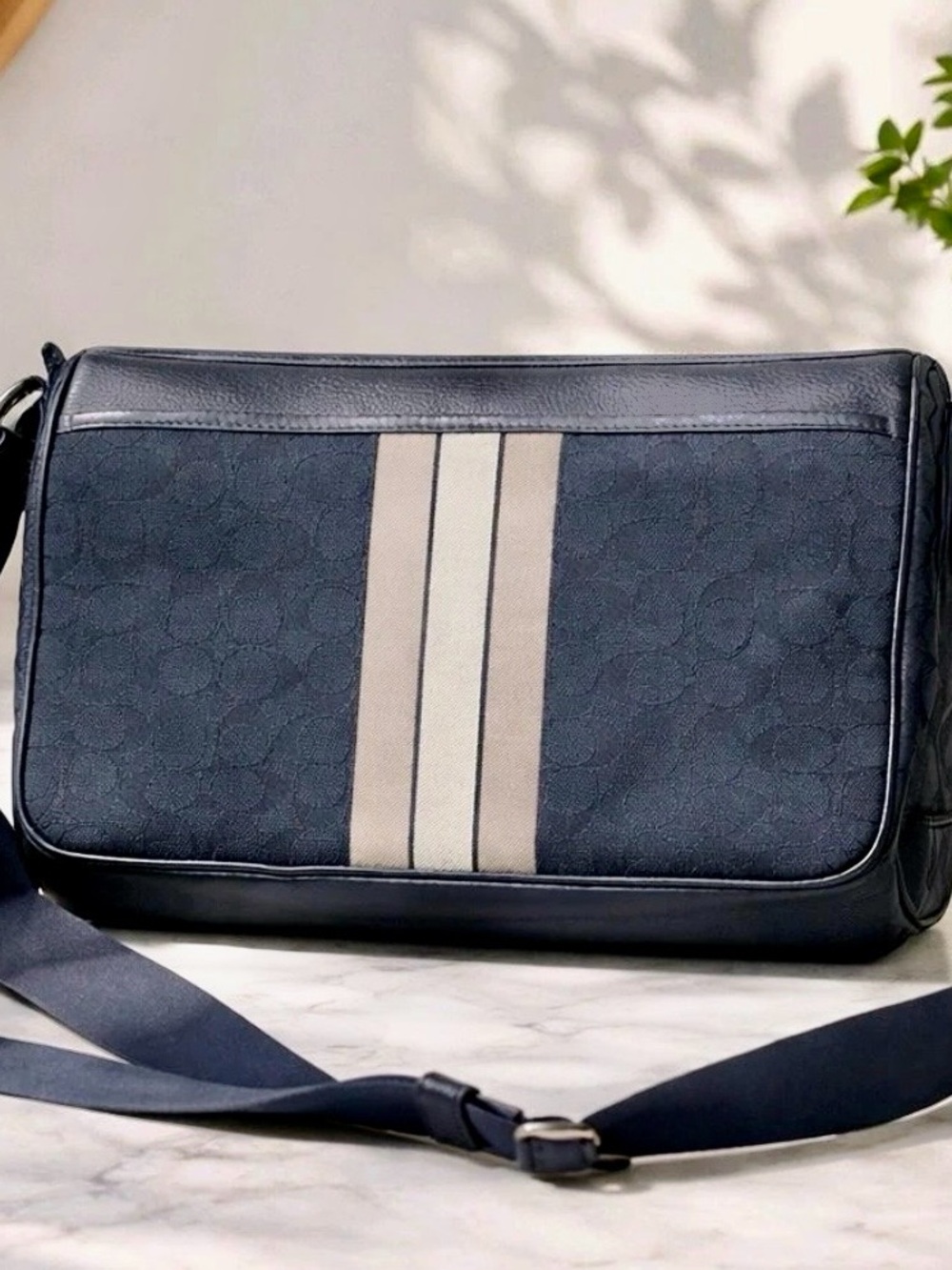 Coach Canvas Messenger Bag Black with Cream Center Stripe and Leather Piping